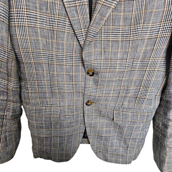 Zara Blazer Plaid Linen Blend Two-Button Peak Lapel Men 38 Brown Black - Picture 3 of 9